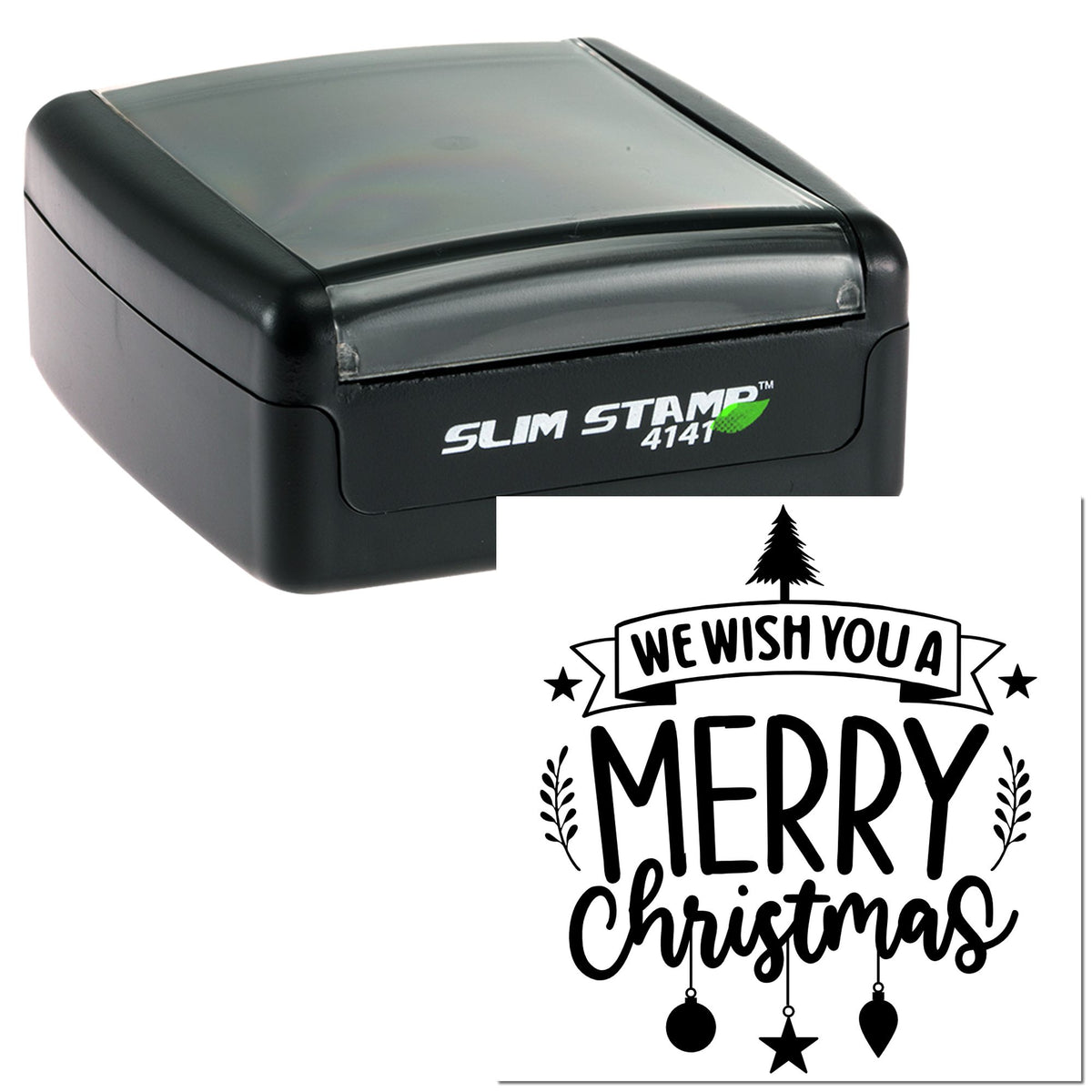Black Slim Stamp 4141 with clear lid and holiday seal reading We Wish You a Merry Christmas in black and white