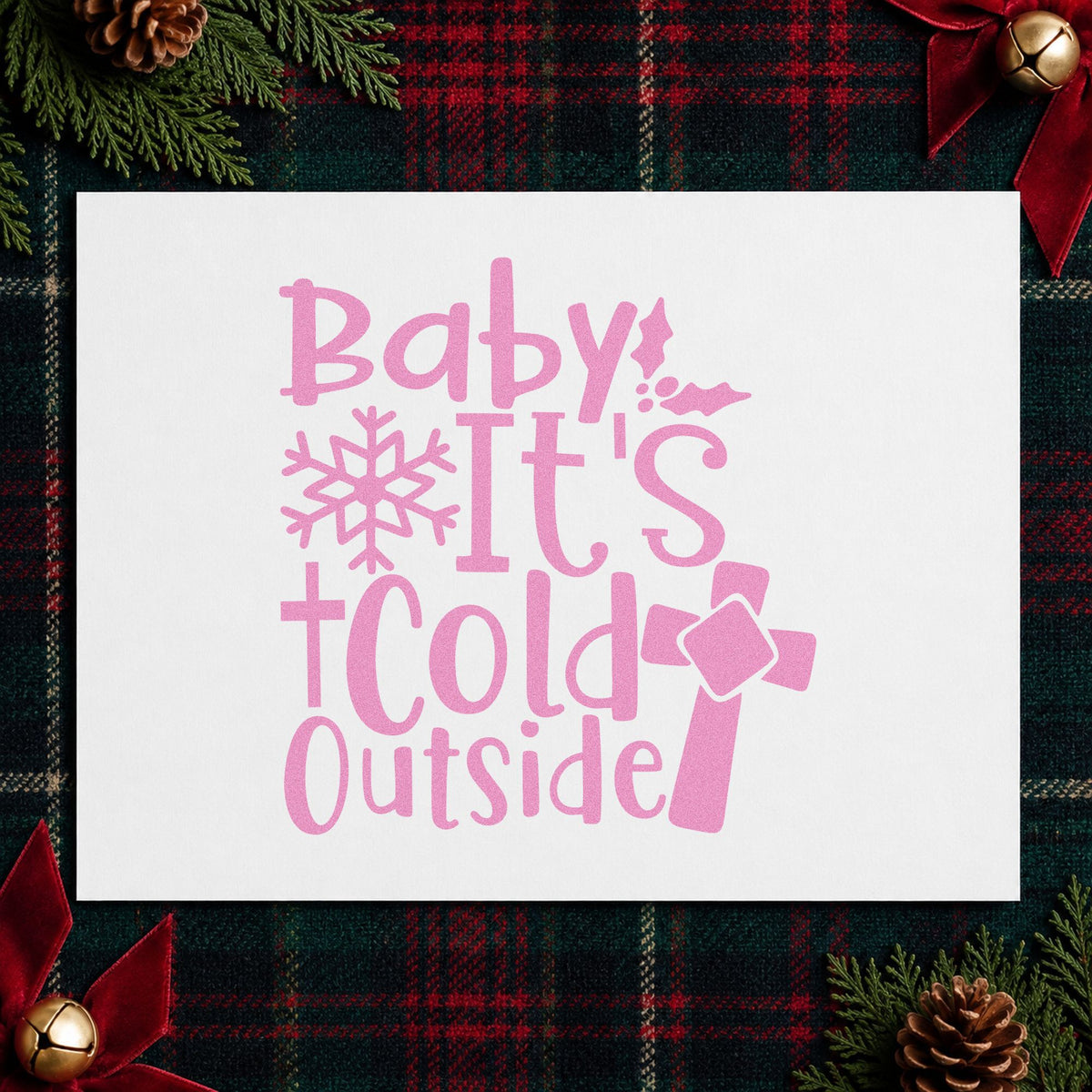 Baby It's Cold Outside Cross craft stamp in purple ink on cardstock, an easy option for winter service album.