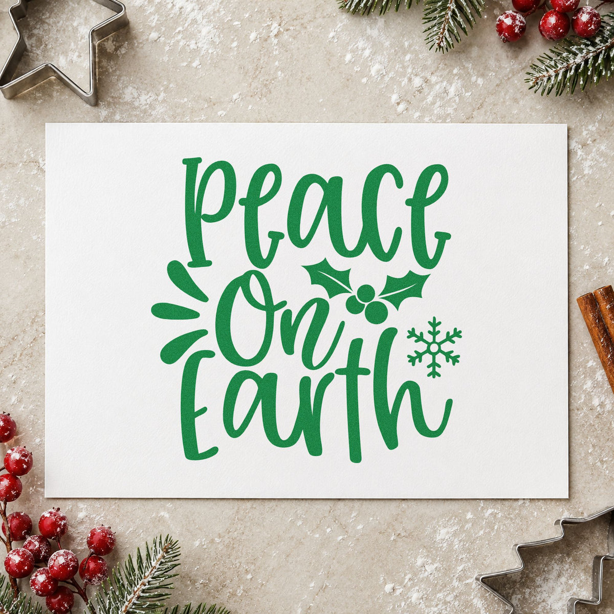 Peace On Earth Holly craft stamp imprint in green ink on a handmade project, one idea being plain gift tags.