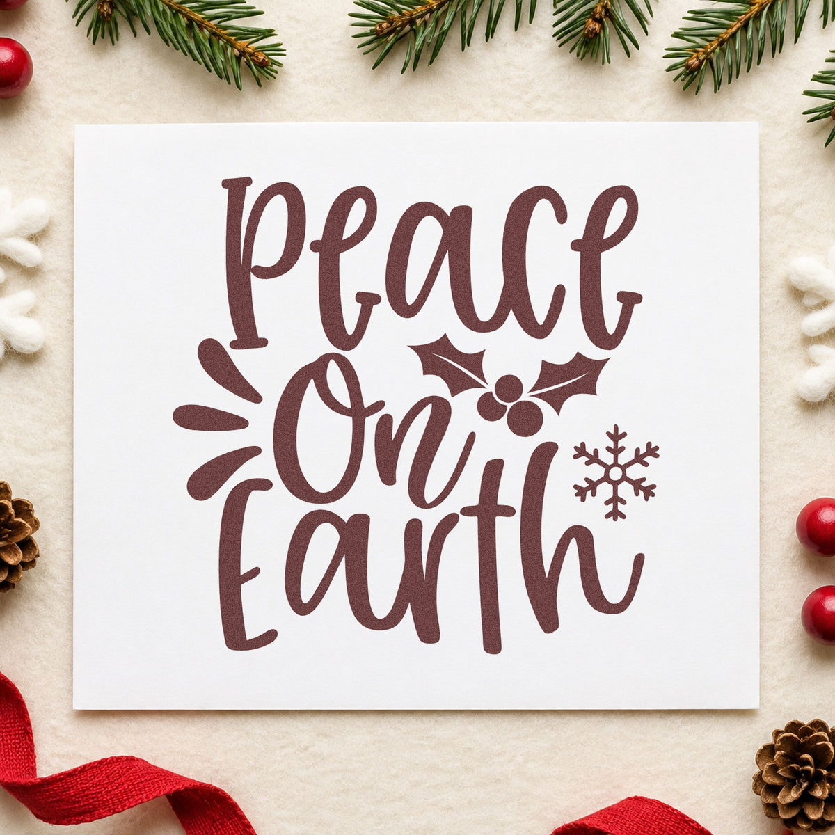 Peace On Earth Holly rubber stamp printed in brown ink, ready for intent note sheet and similar paper crafts.