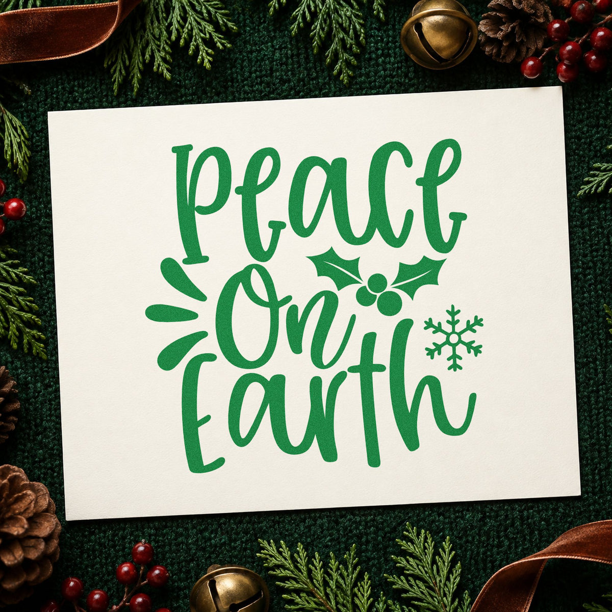 Peace On Earth Holly craft stamp imprinted in green ink on paper, a design suited to framed entry shelf.