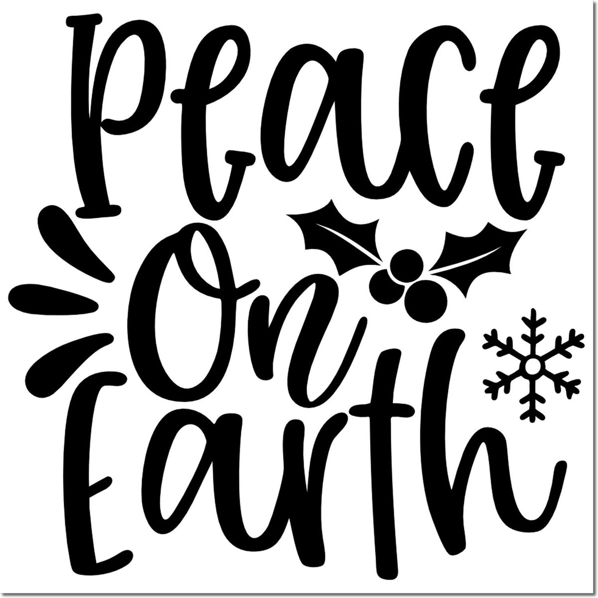 Black Peace on Earth stamp and seal design with calligraphy, holly berries, and a snowflake on white background.