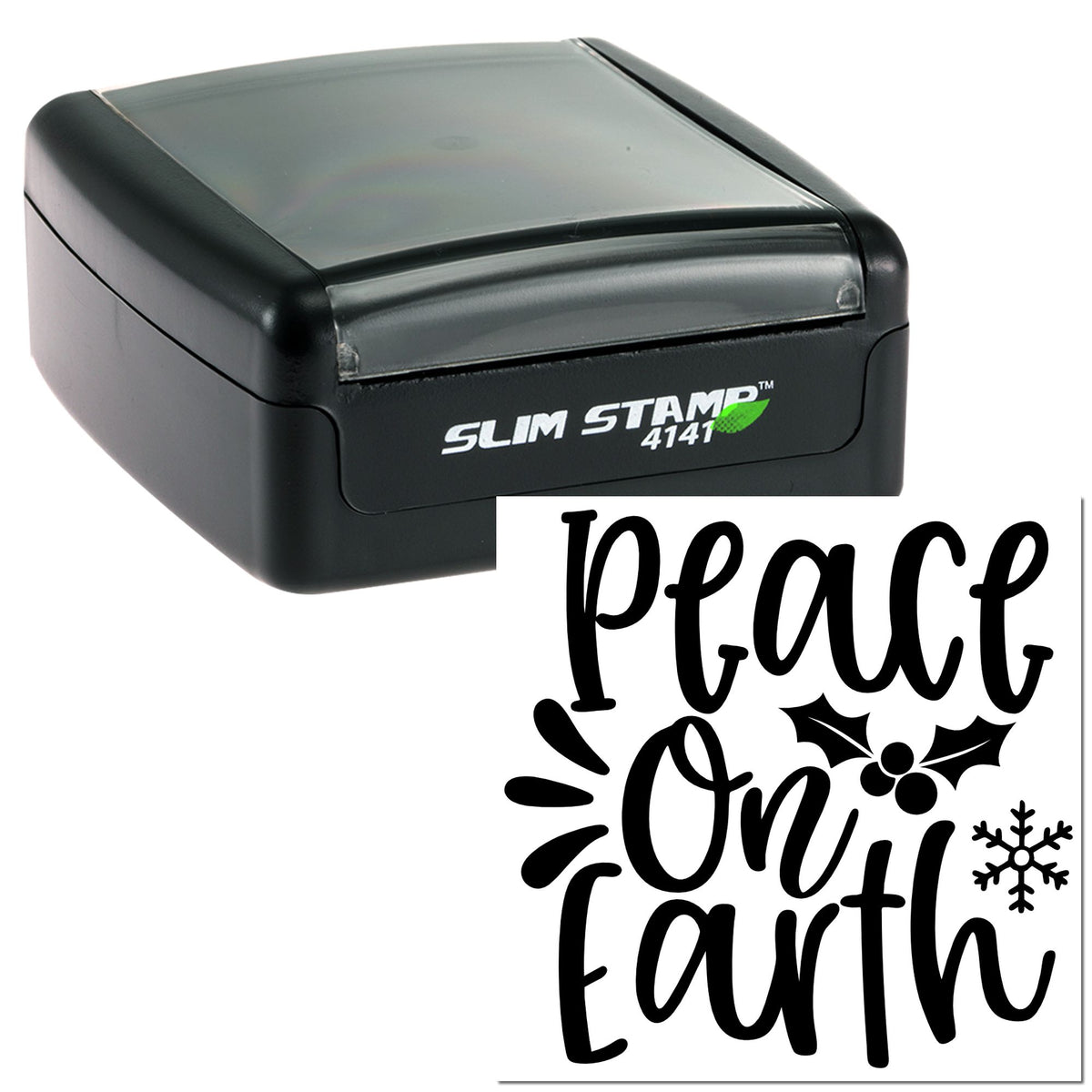 Black Slim Stamp 4141 self-inking stamp with clear cap, paired with black Peace on Earth holiday seal design.