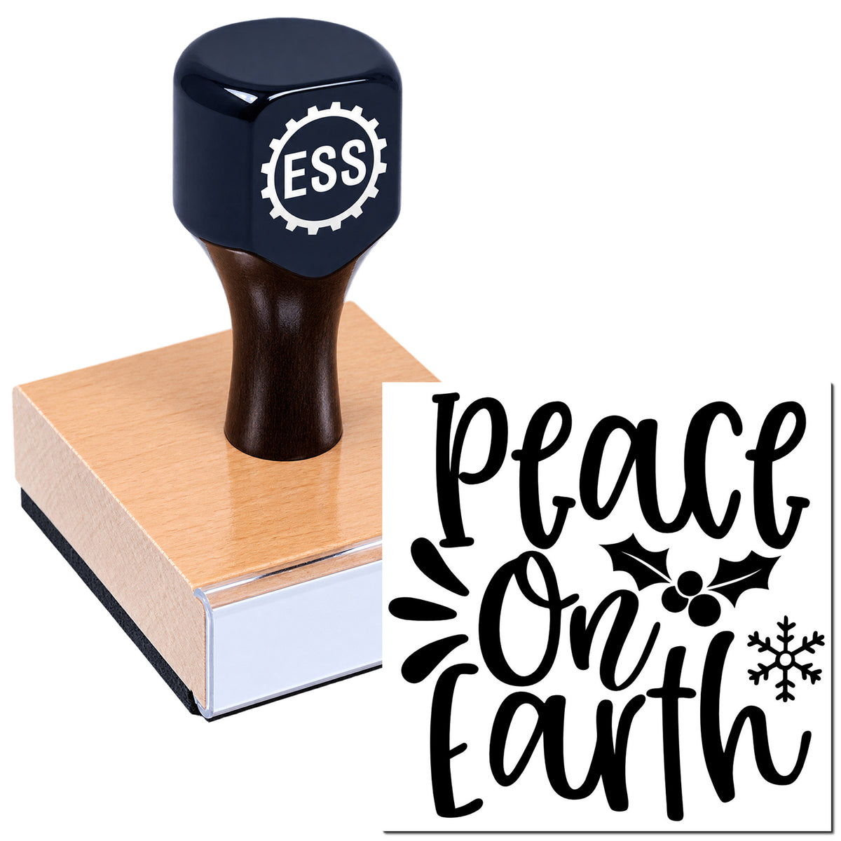 Black ESS stamp on pink block beside a white "Peace On Earth" seal with holly and snowflake accents.