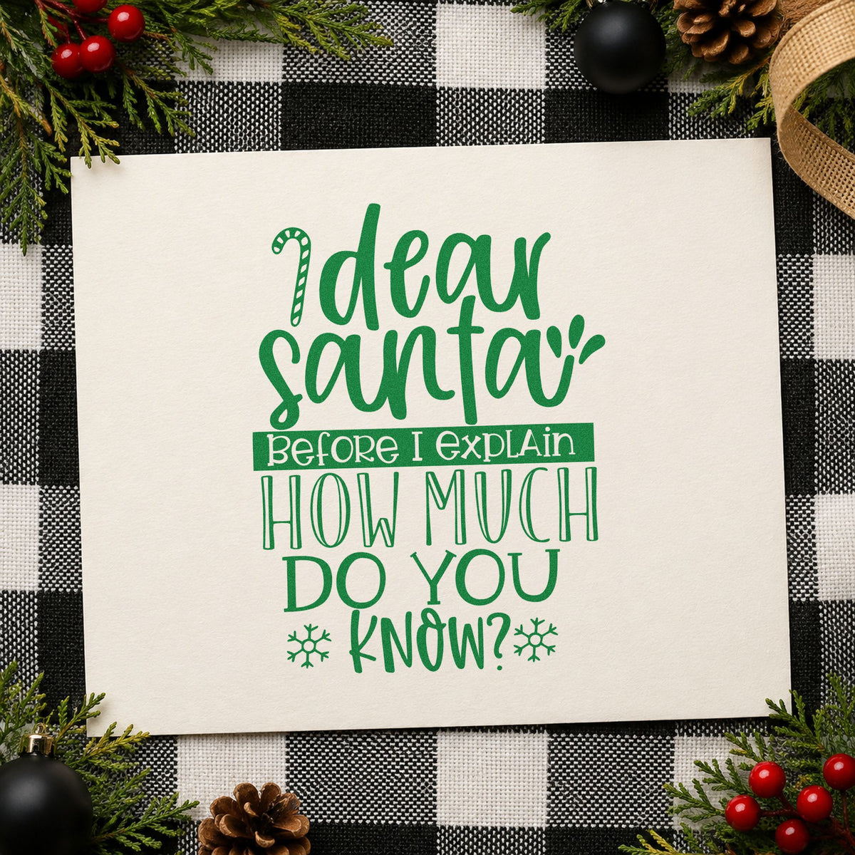 Dear Santa How Much Know craft stamp imprint in green ink on a handmade project, one idea being anonymous gift tags.
