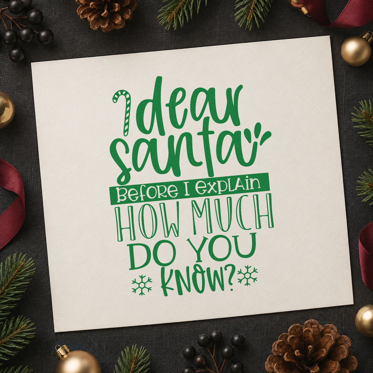 Dear Santa How Much Know craft stamp imprinted in green ink on paper, a design suited to framed cubicle shelf.