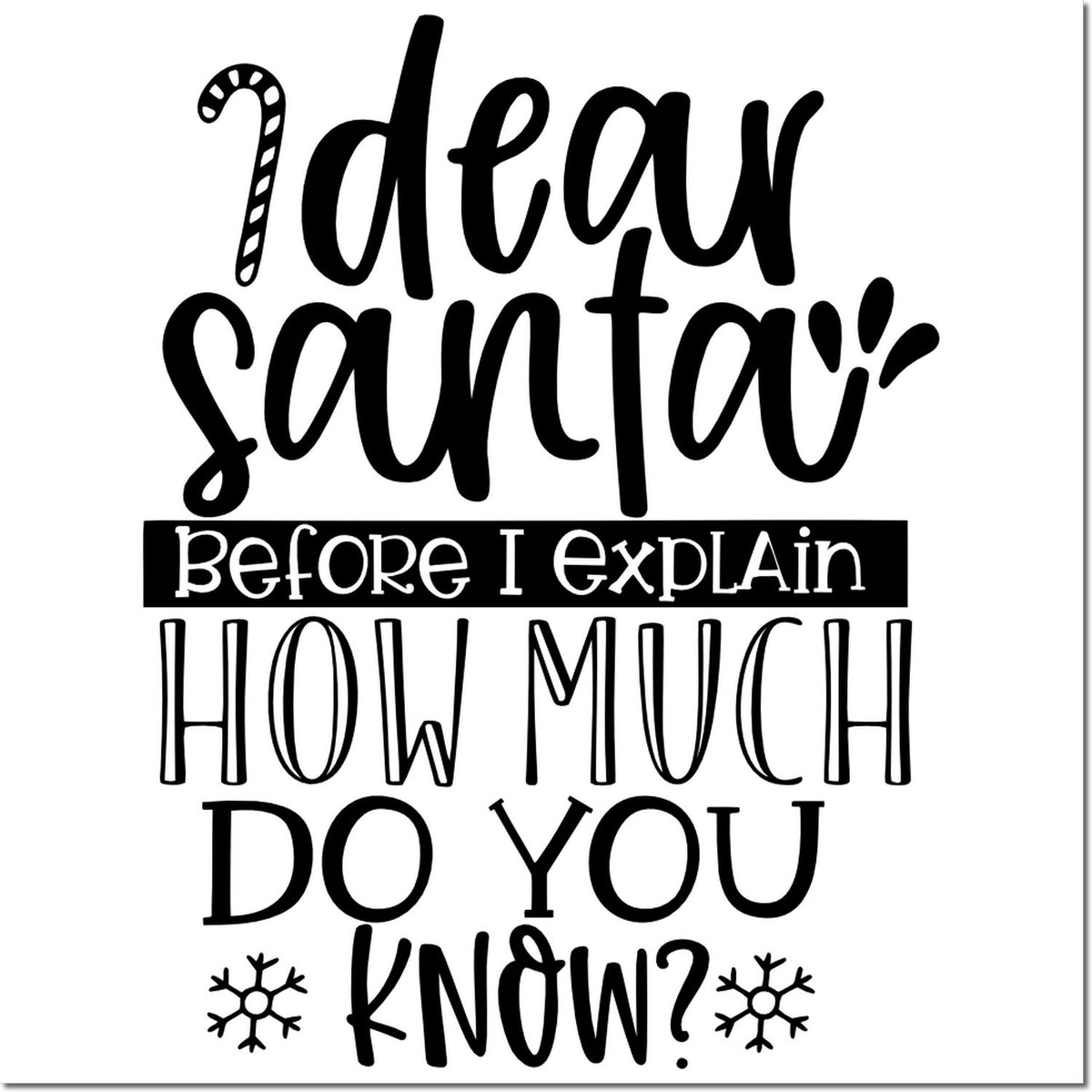 Black Christmas rubber stamp design with candy cane accents and bold quote on white background.