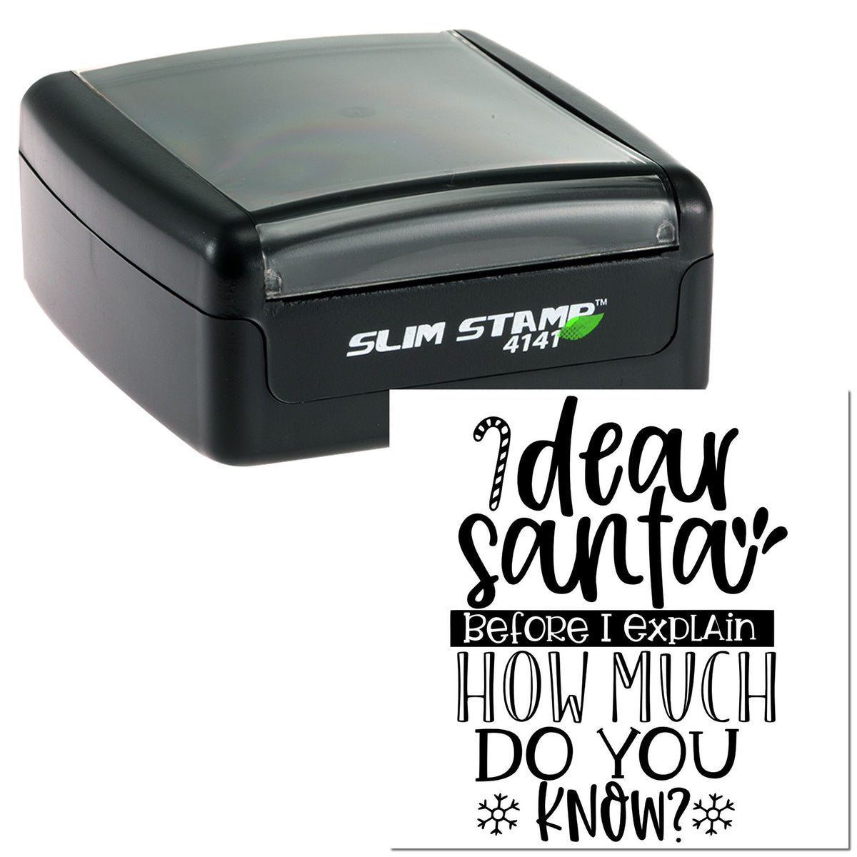 Black self-inking custom stamp and seal with Slim Stamp 4141 label and bold black holiday lettering with snowflakes.