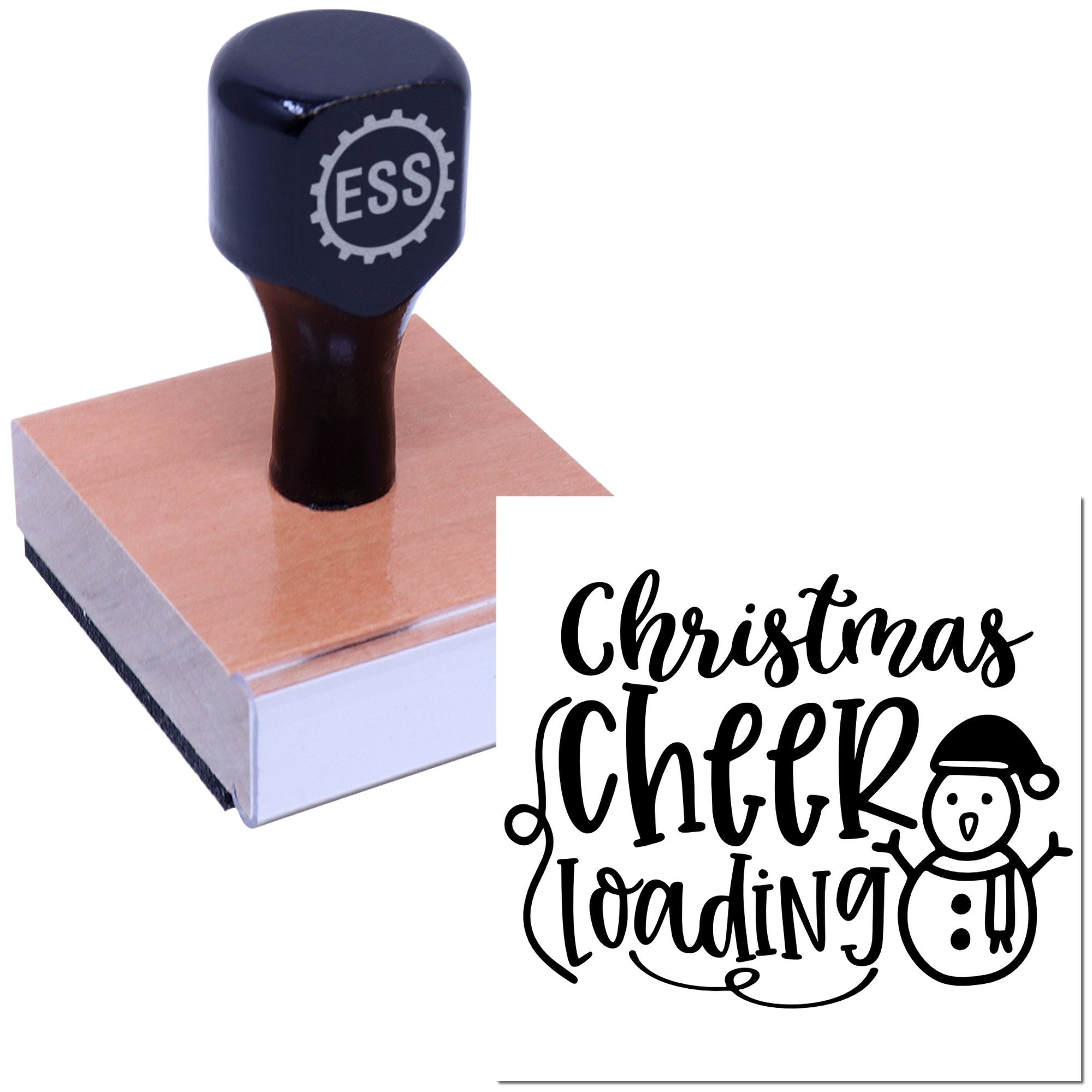 Black ESS rubber stamp on wooden block with Christmas Cheer Loading design and snowman graphic