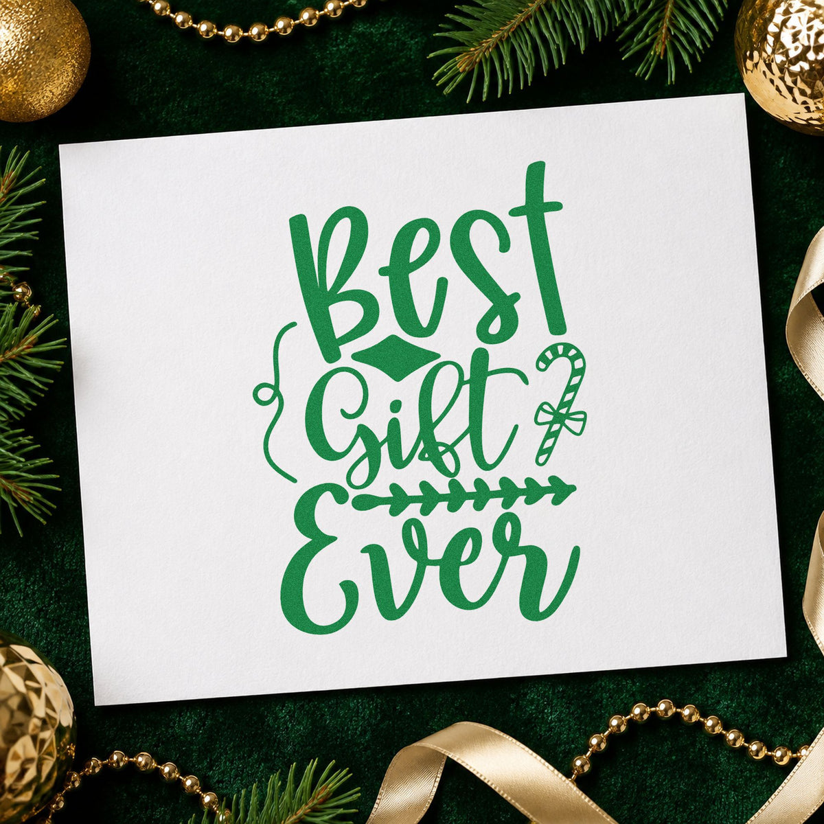 Best Gift Ever Candy Cane craft stamp imprint in green ink on a handmade project, one idea being standout gift tags.