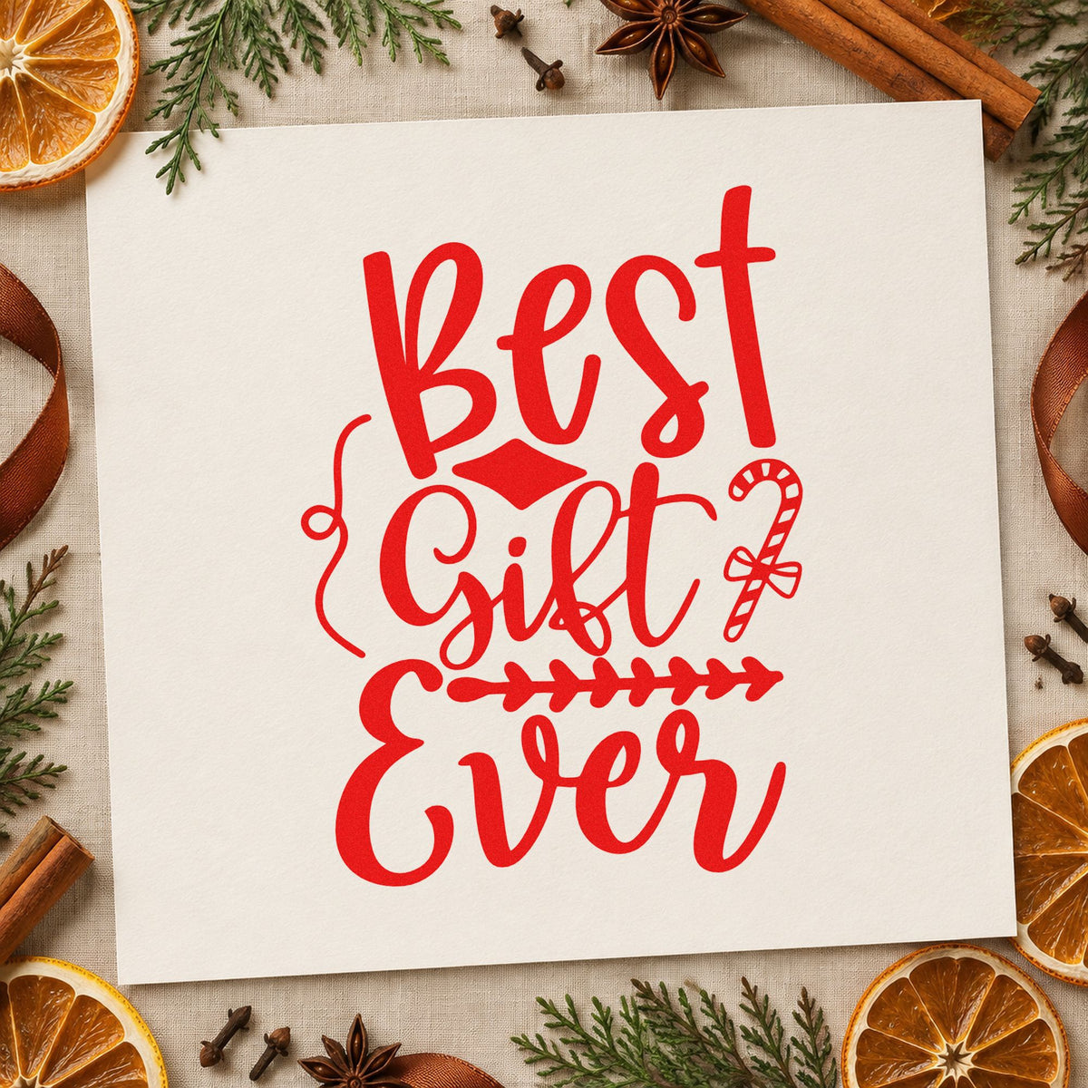 Best Gift Ever Candy Cane craft stamp in red ink on cardstock, an easy option for tote front printing.