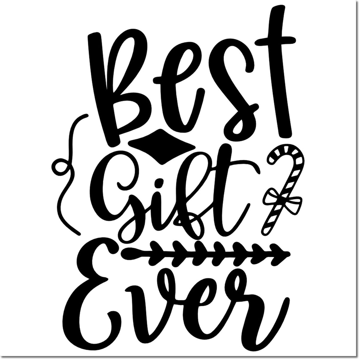 Black Best Gift Ever stamp/seal design with candy cane and bow on white background