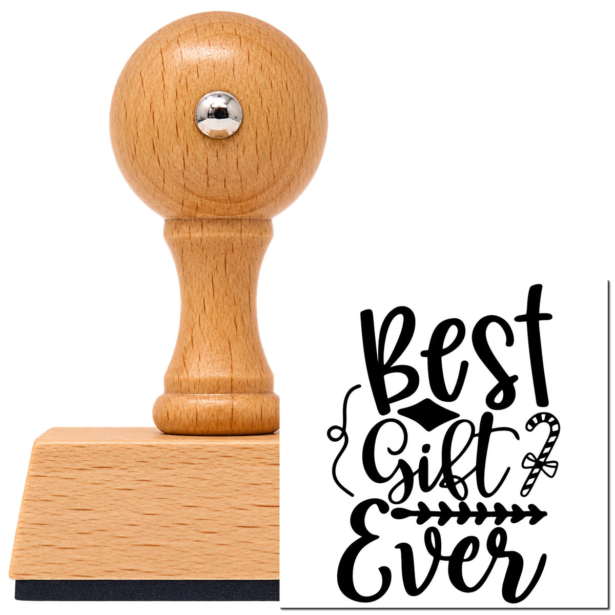 Vintage Pro beech wood stamp with a round knob handle, shown with its black Best Gift Ever Candy Cane imprint on white.
