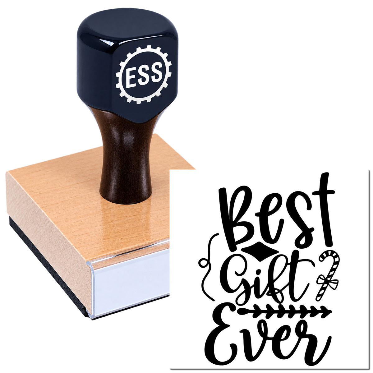 Black custom stamp seal on a wooden base, with ESS logo and bold black "Best Gift Ever" lettering.