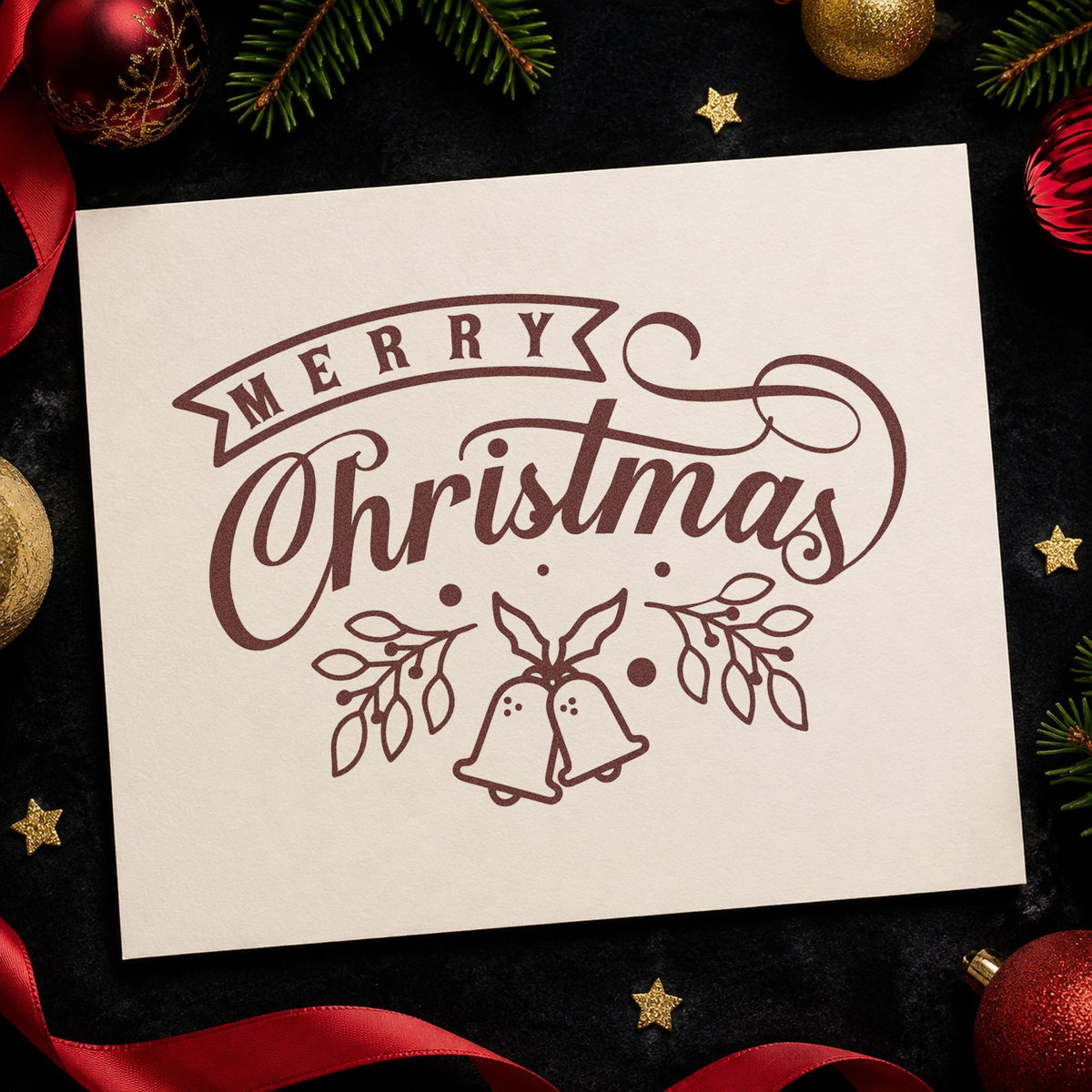 Merry Christmas Bells And Leaves rubber stamp printed in brown ink, ready for guest book header and similar paper crafts.