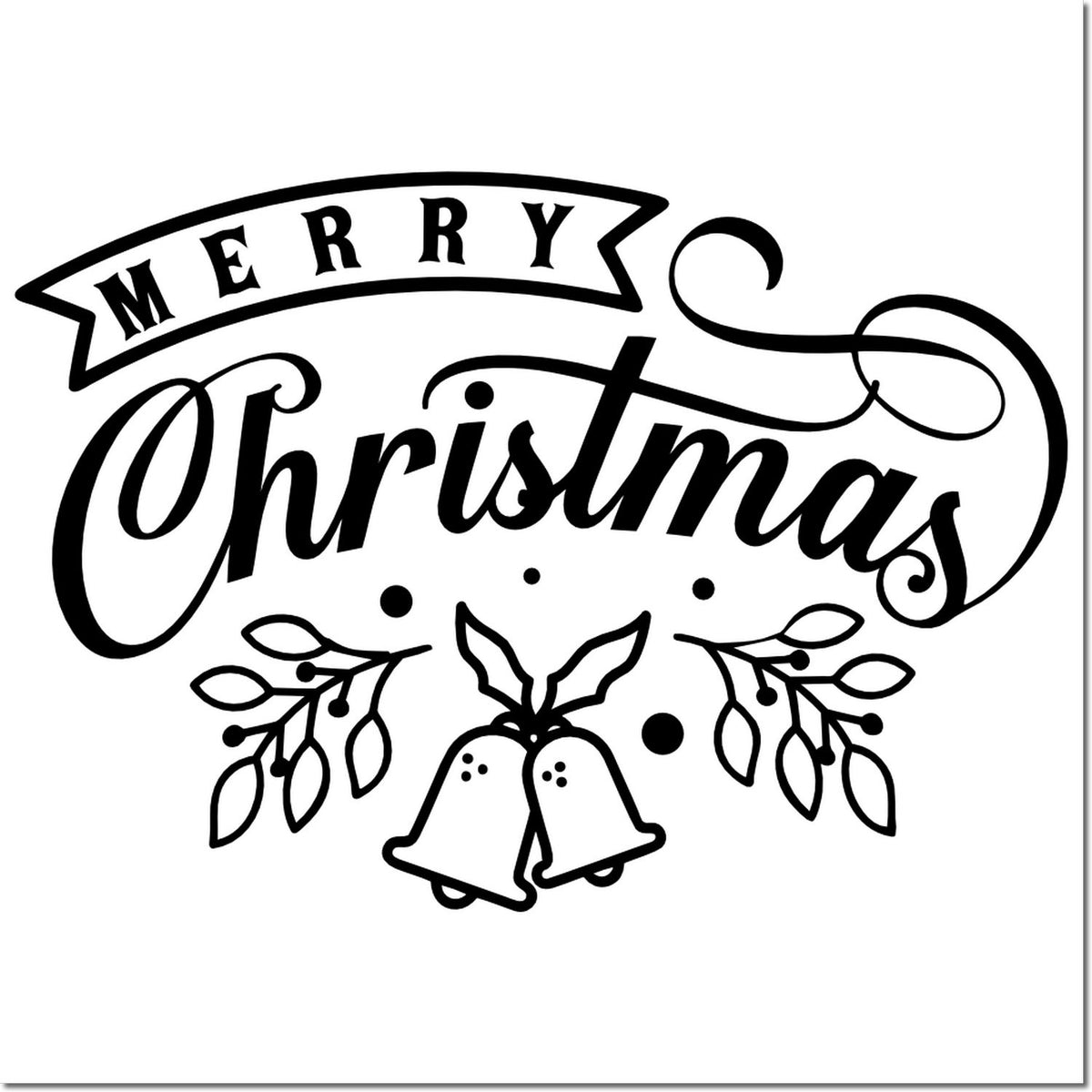 Black Merry Christmas stamp and seal design with script lettering, bells, and holly on a white background.