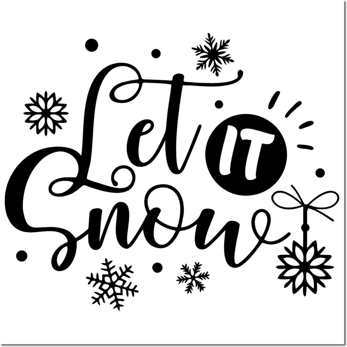Black Let it Snow holiday stamp and seal design with snowflakes, decorative dots, and bold black lettering