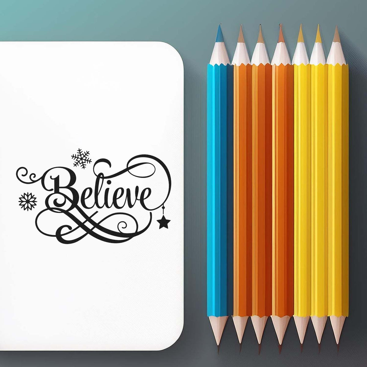 White rubber stamp seal with black Believe design beside colorful pencils on a teal background.