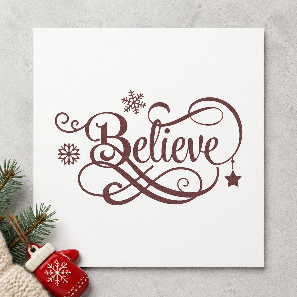 Believe Snowflakes Hanging Star rubber stamp printed in brown ink, ready for word of year sheet and similar paper crafts.