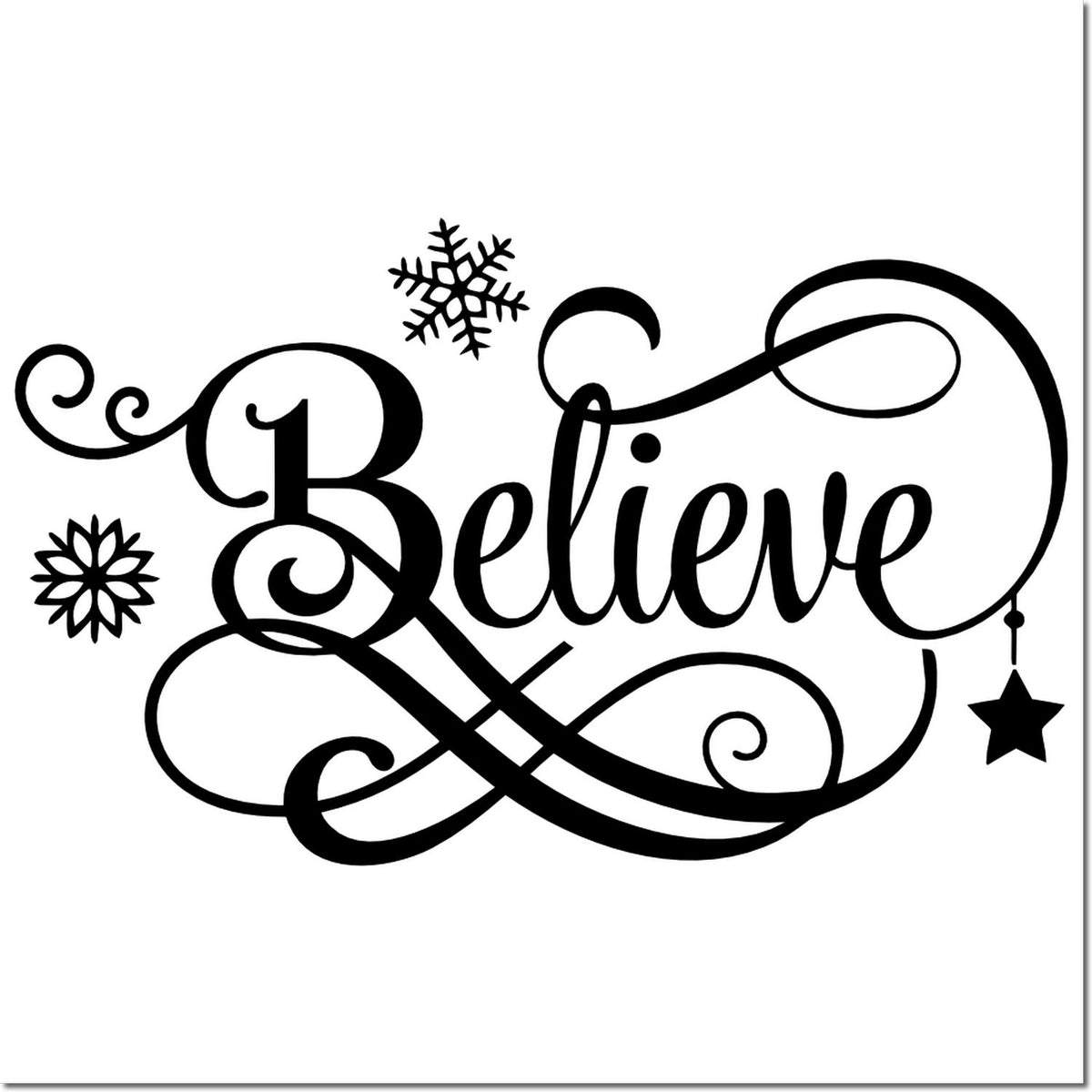 Black decorative Believe stamp and seal design with swirling script, snowflakes, and hanging star on white background.