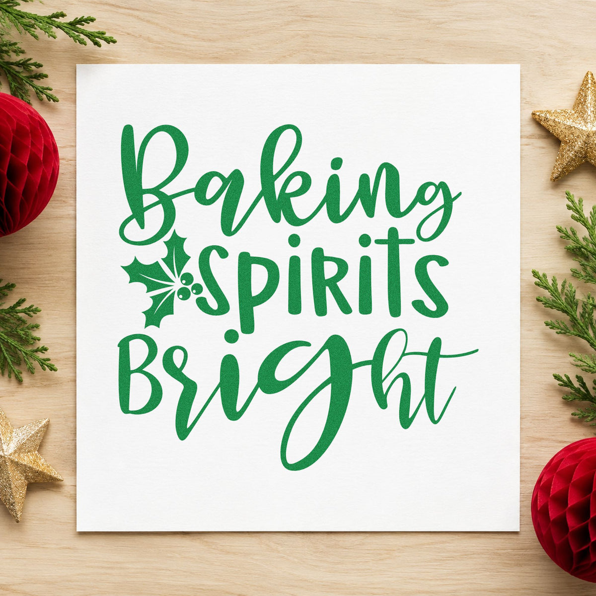 Baking Spirits Bright Holly craft stamp imprint in green ink on a handmade project, one idea being plain box gift tags.