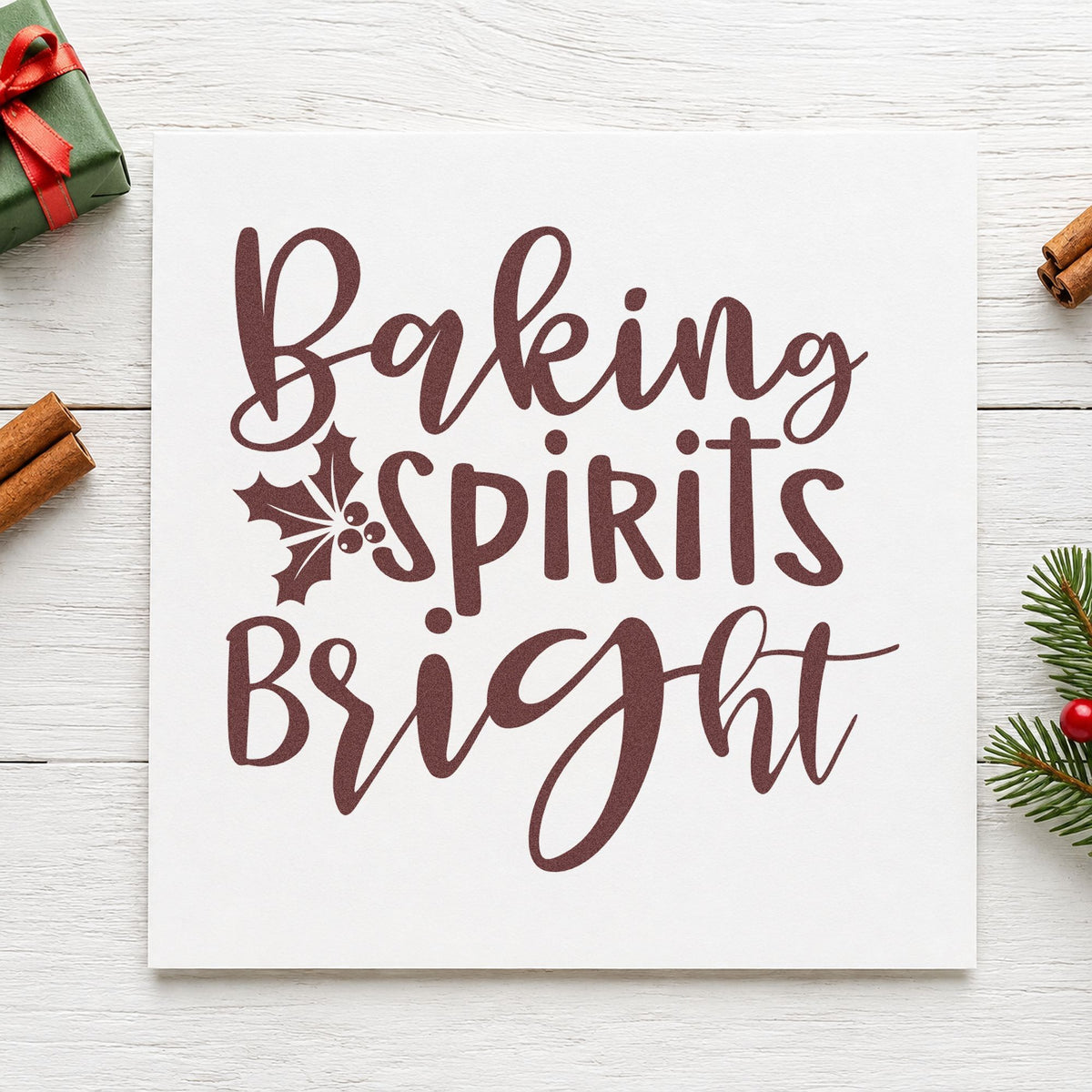 Baking Spirits Bright Holly rubber stamp printed in brown ink, ready for recipe index sheet and similar paper crafts.