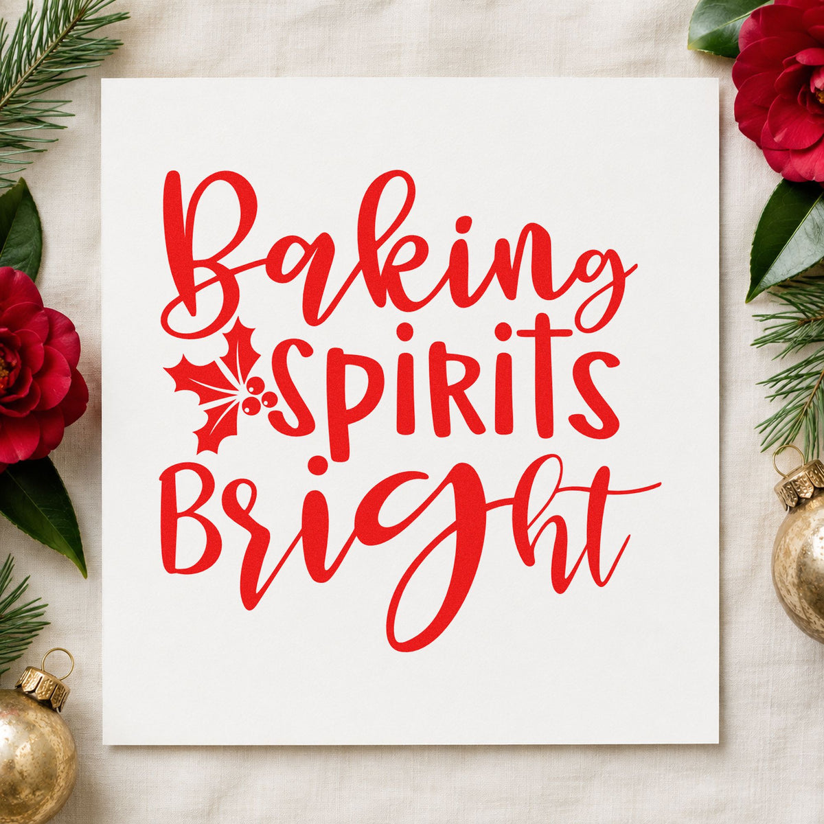 Baking Spirits Bright Holly craft stamp in red ink on cardstock, an easy option for towel hem printing.