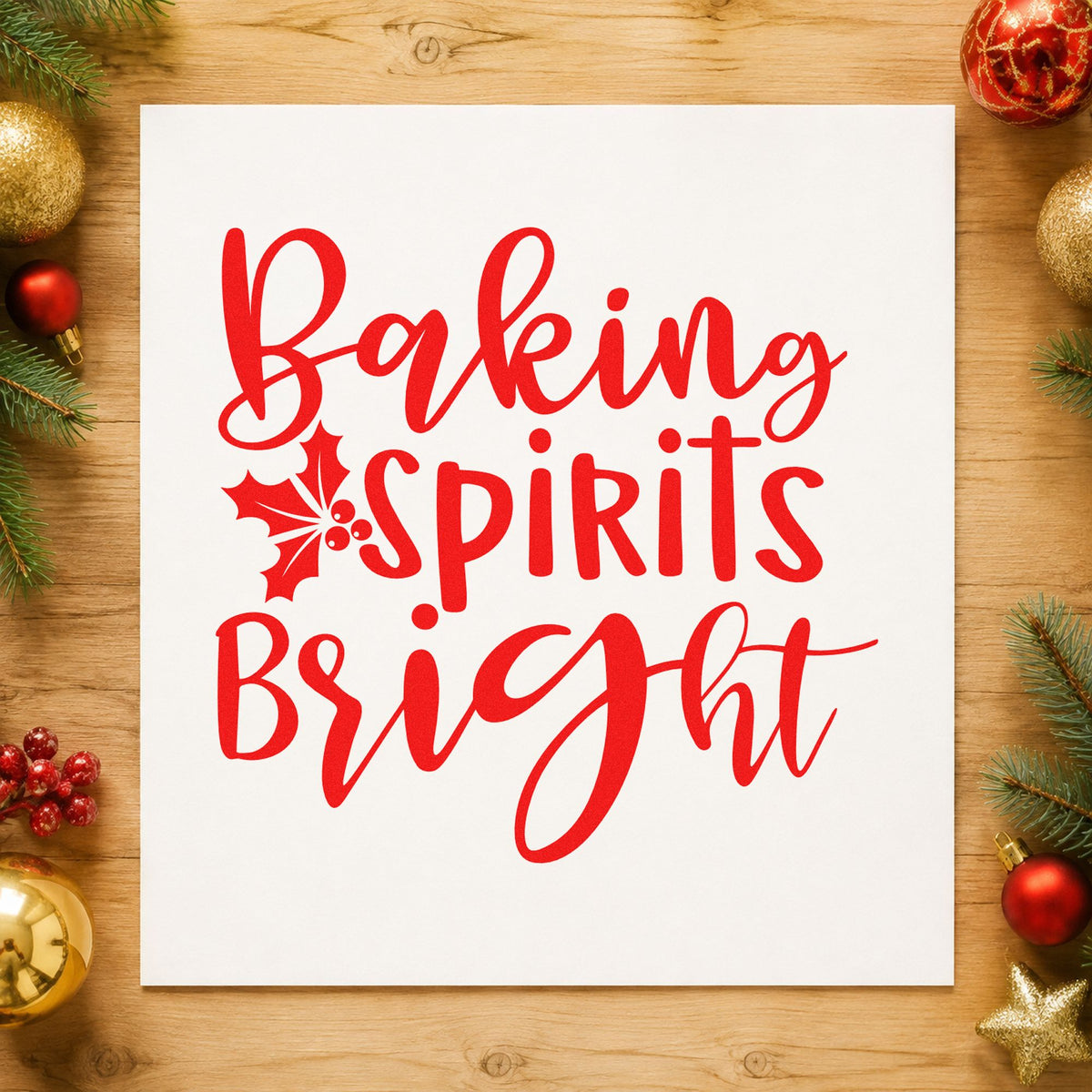 Baking Spirits Bright Holly rubber stamp shown in red ink, stamped for projects such as canister lid labels.