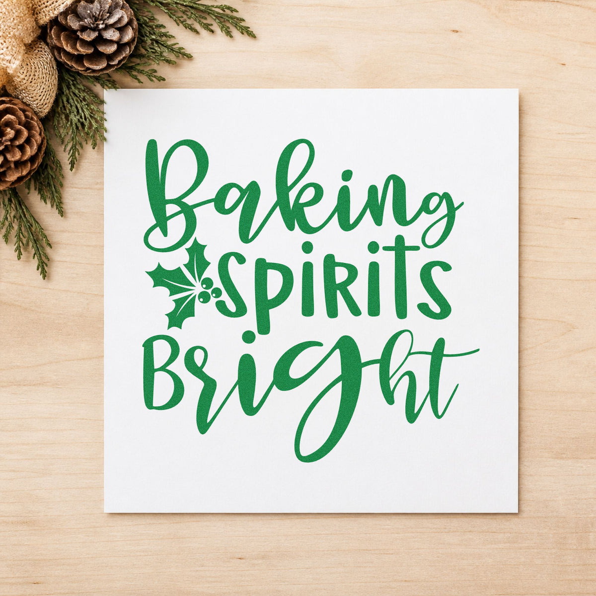 Baking Spirits Bright Holly craft stamp imprint in green ink on a handmade project, one idea being gift plate cards.