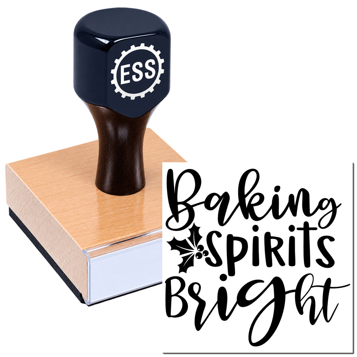 Black ESS rubber stamp on pink sealing block with "Baking Spirits Bright" script and holly design on white.