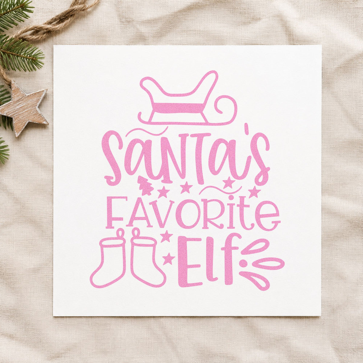 Santa's Favorite Elf Stockings craft stamp in purple ink on cardstock, an easy option for mantel duo album.