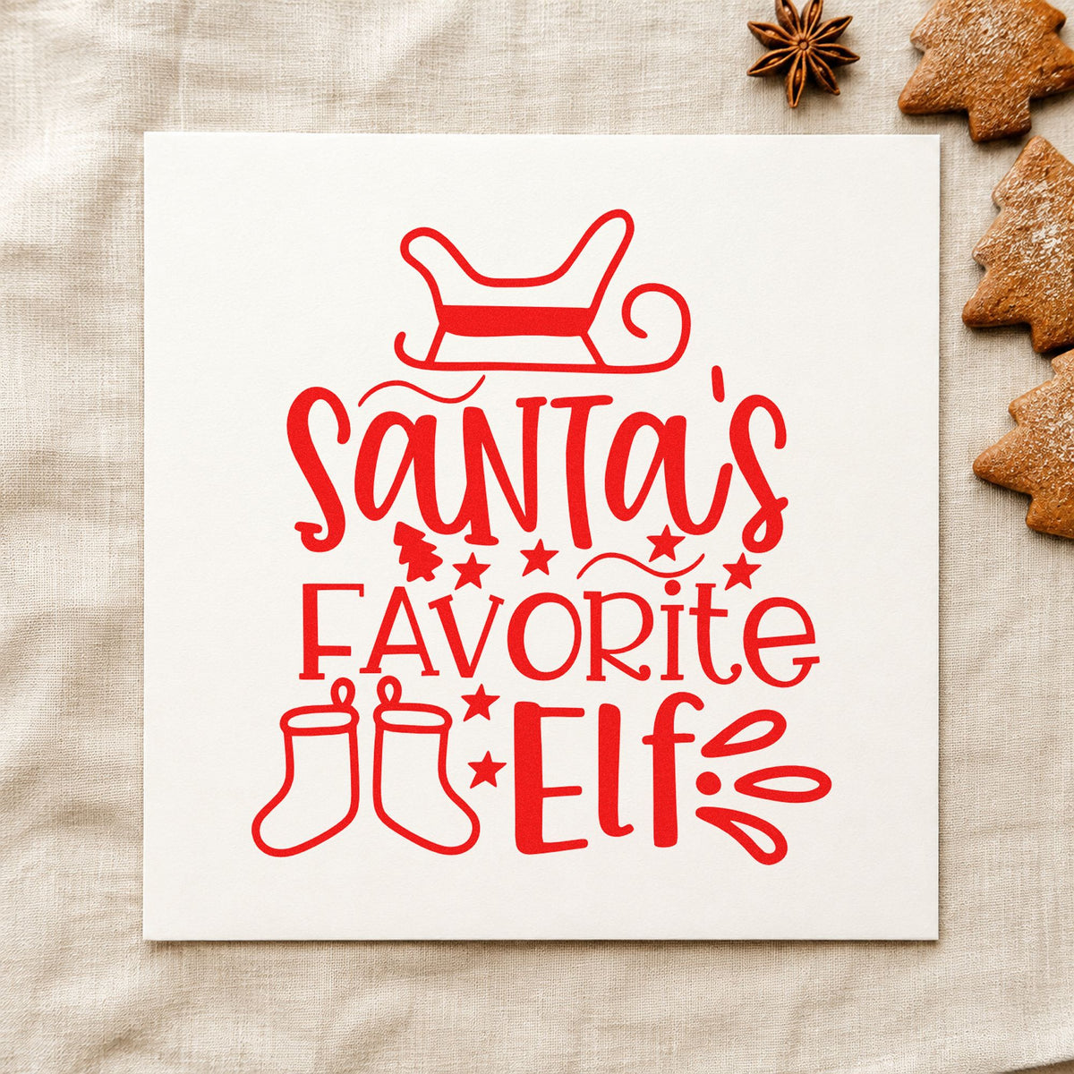Santa's Favorite Elf Stockings rubber stamp shown in red ink, stamped for projects such as gift bin labels.
