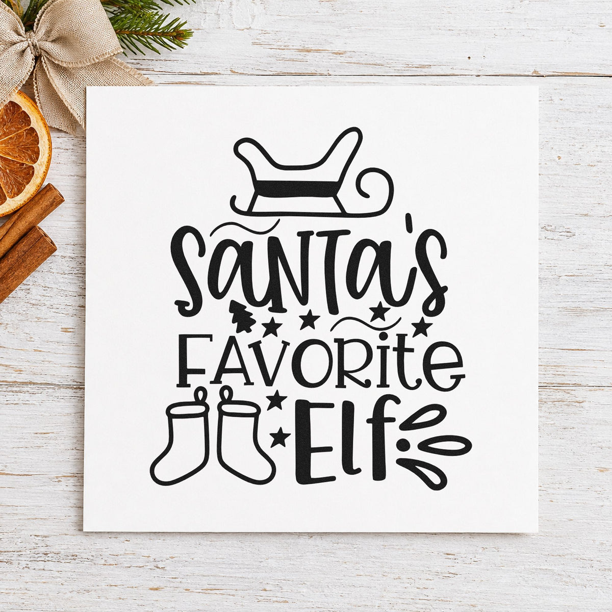 Santa's Favorite Elf Stockings rubber stamp printed in black ink, ready for two stockings cards and similar paper crafts.