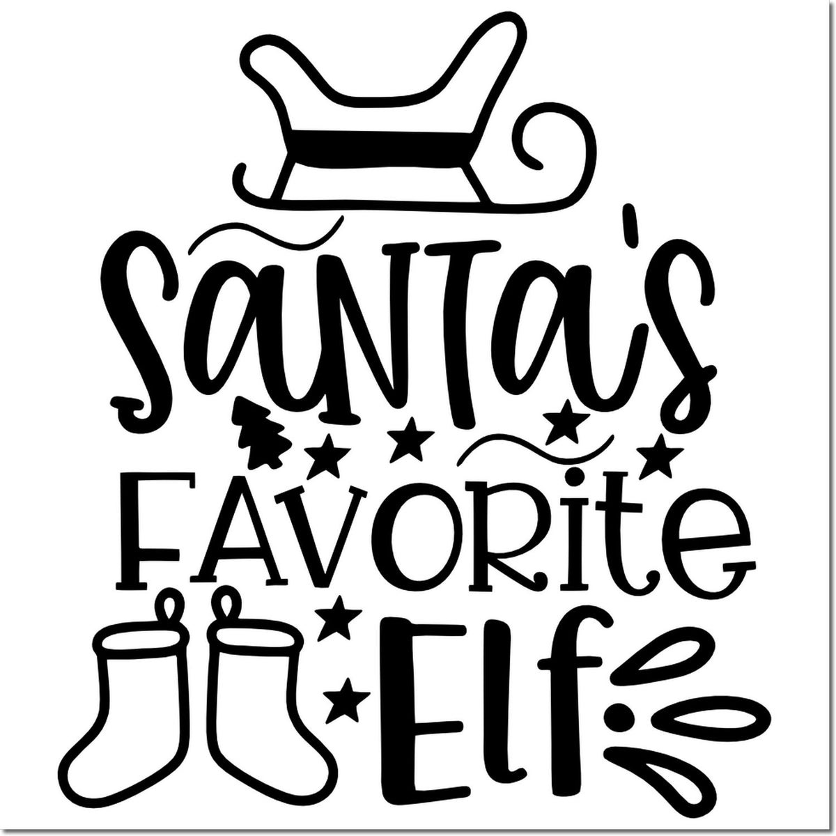 Black Santas Favorite Elf stamp design with Santa hat, boots and stars in playful lettering.
