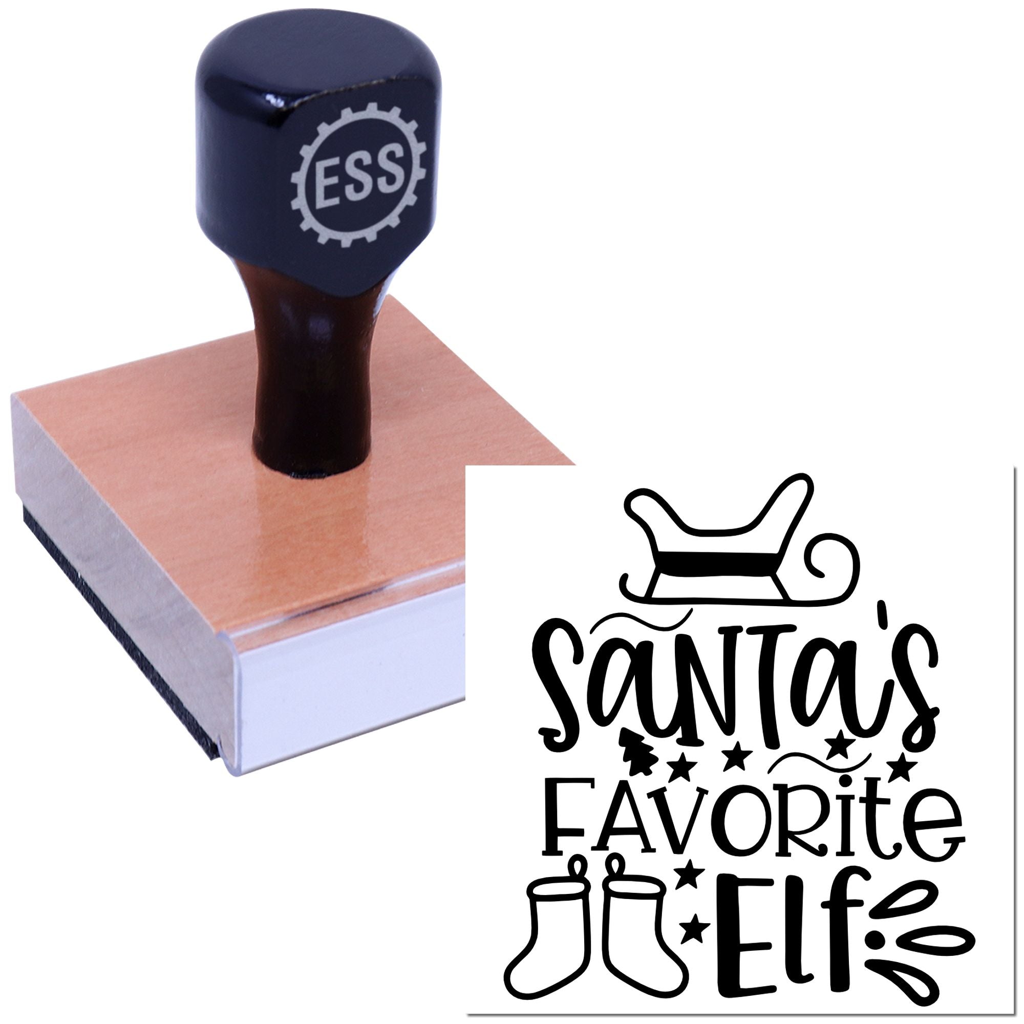 Navy ESS stamp on wooden block beside black Santa's Favorite Elf seal design on white background.