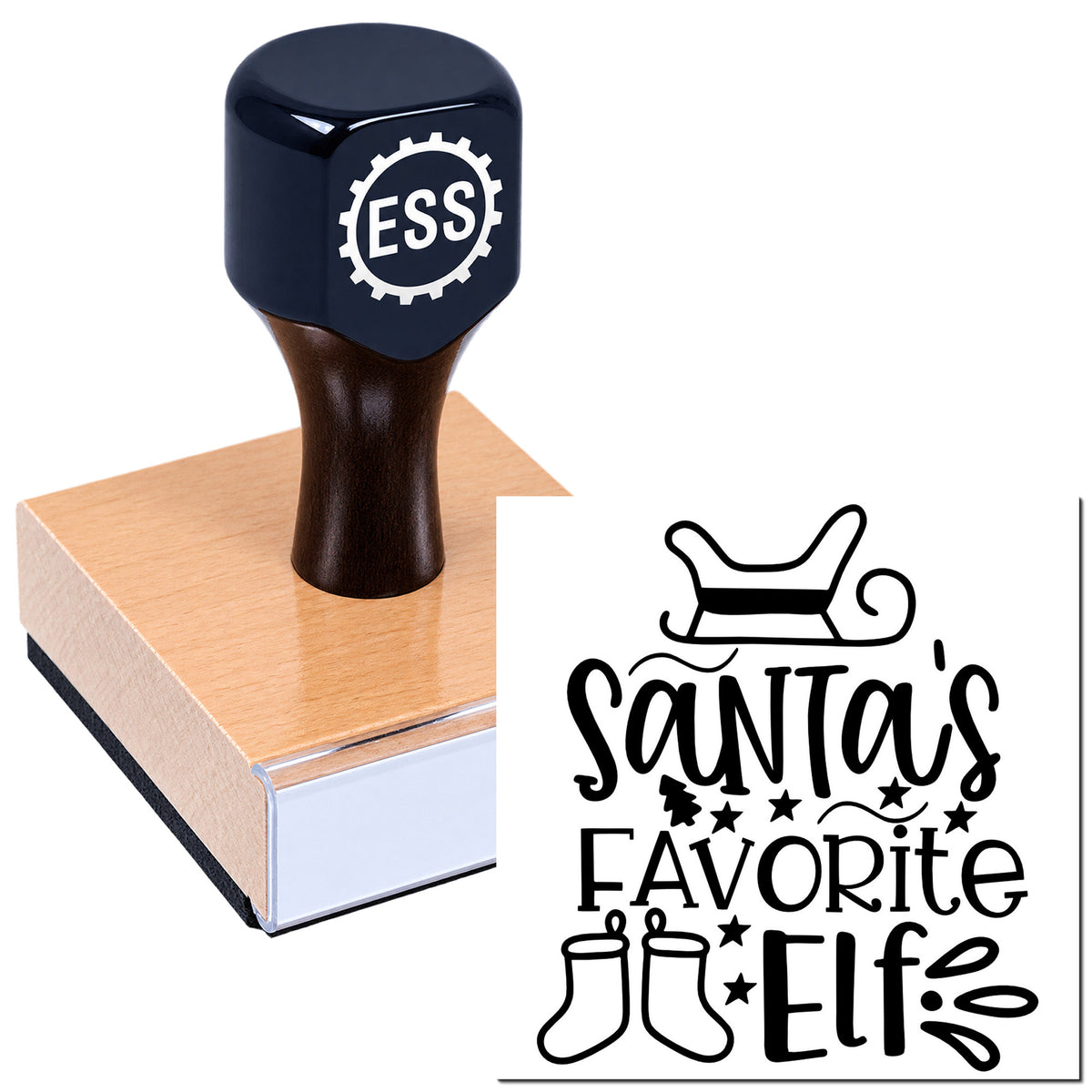Navy ESS stamp on wooden block beside black Santa's Favorite Elf seal design on white background.
