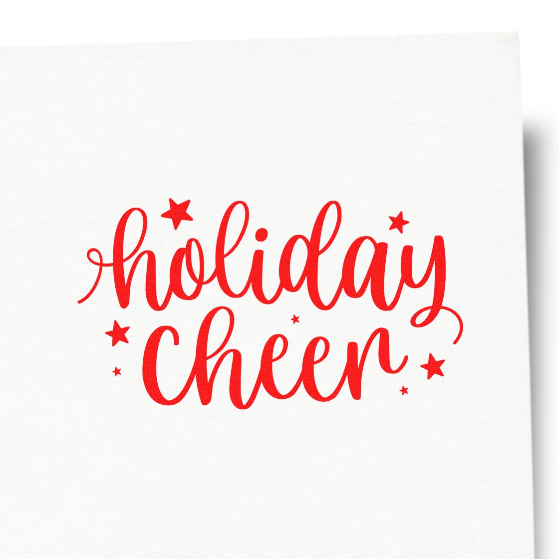 Red holiday cheer script stamp and seal design with stars on a white background