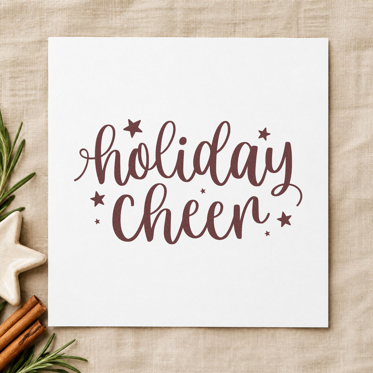 Holiday Cheer Star Lettering rubber stamp printed in brown ink, ready for note card header and similar paper crafts.