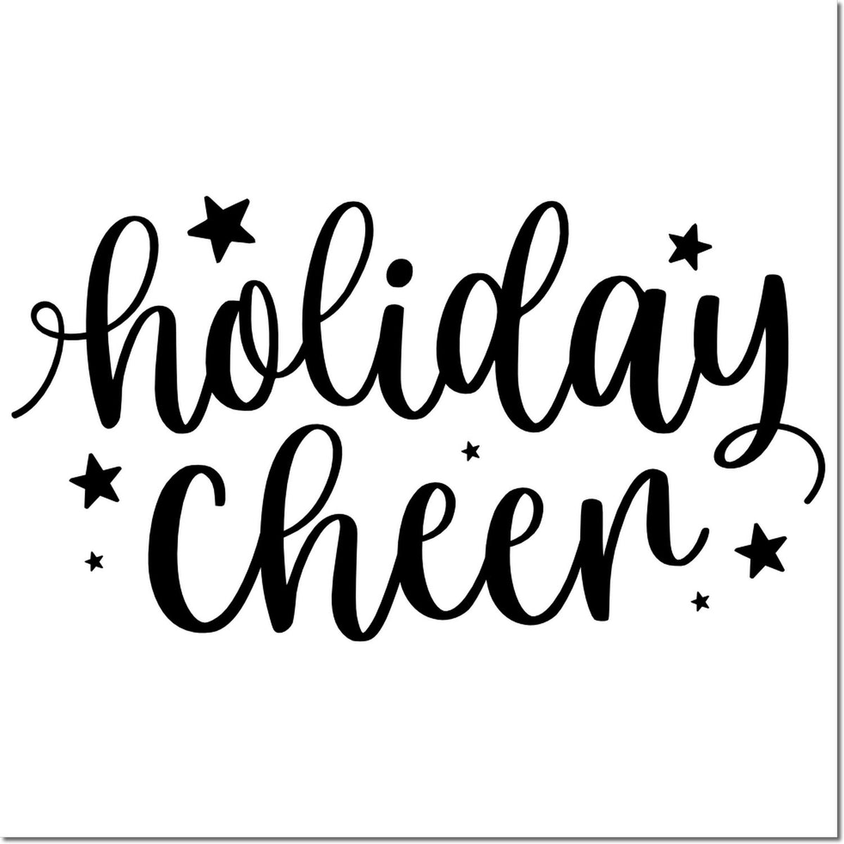 Black holiday cheer stamp/seal in cursive script with stars on a white background