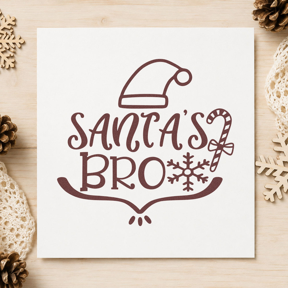 Santa's Bro Hat Candy Cane rubber stamp printed in brown ink, ready for trade list sheet and similar paper crafts.