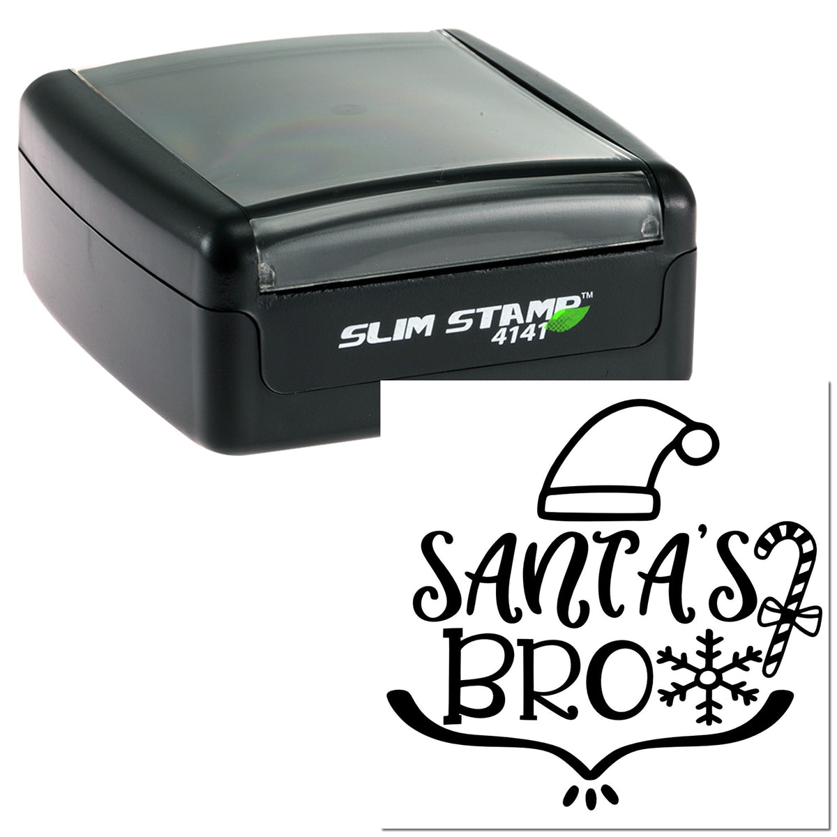 Black Slim Stamp 4141 self-inking stamp with festive Santa's Bro seal, plus Santa hat, candy cane and snowflake.