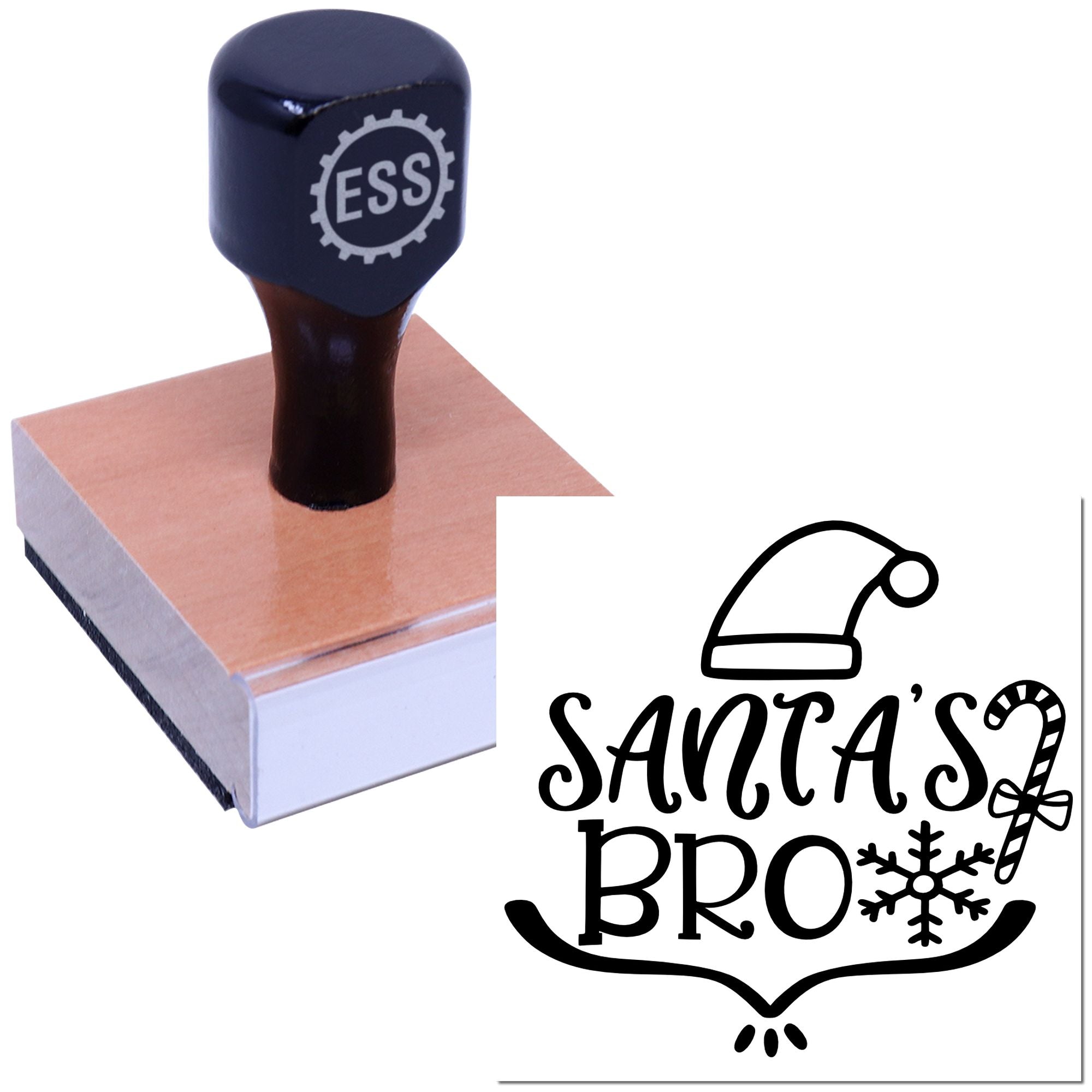 Navy custom stamp and seal on wood base with Santa's Bro holiday design, black lettering, Santa hat, candy cane and snowflake.