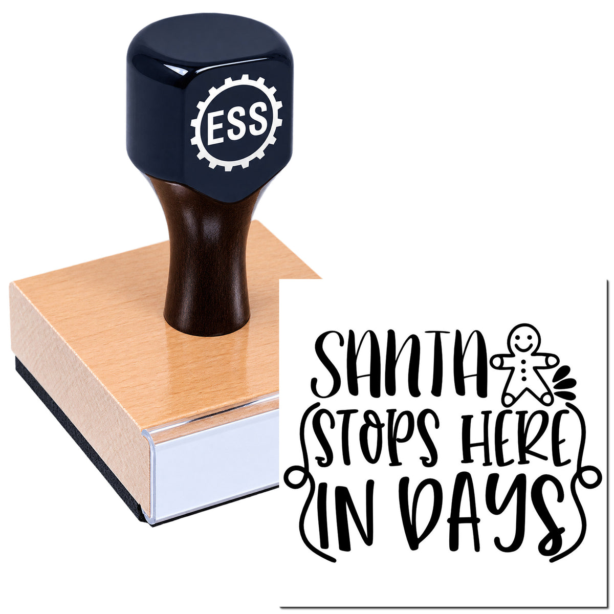 Navy ESS rubber stamp and seal on wooden block, showing black "Santa Stops Here in Days" design with gingerbread icon.
