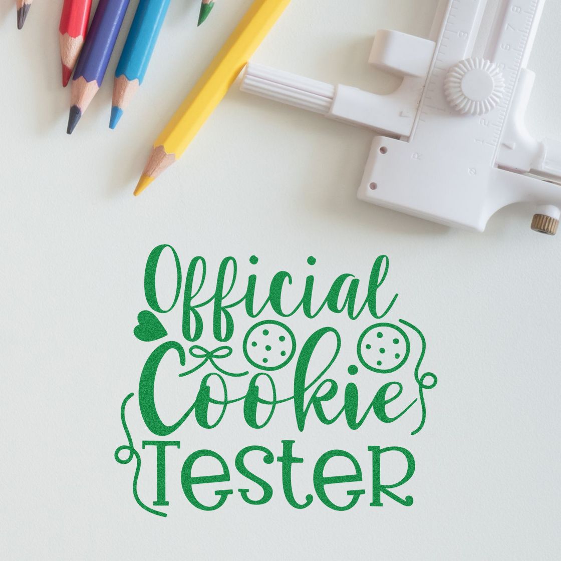 Official Cookie Tester Script rubber stamp shown in green ink, stamped for projects such as side by side album.