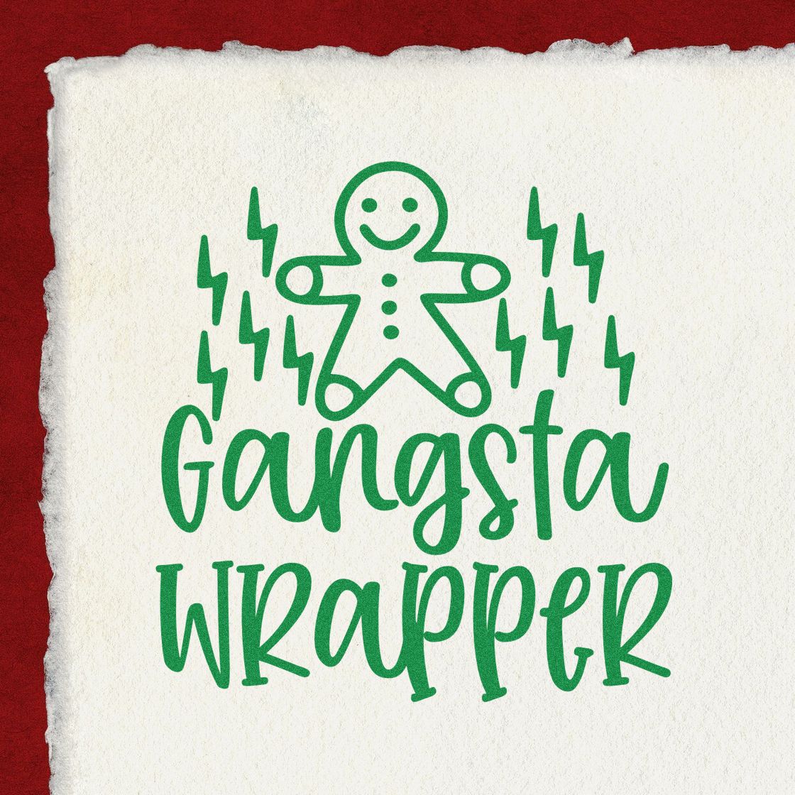 Green Ganasta Wrapper stamp seal with gingerbread figure and lightning bolts on textured white paper, red background.
