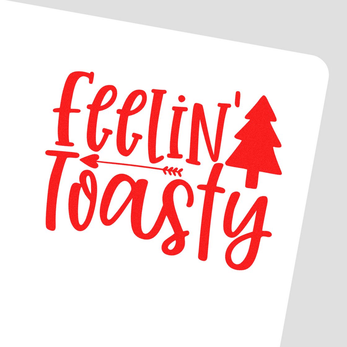 Red Fallin' Toasty holiday stamp design with pine tree icon and arrow on white background.