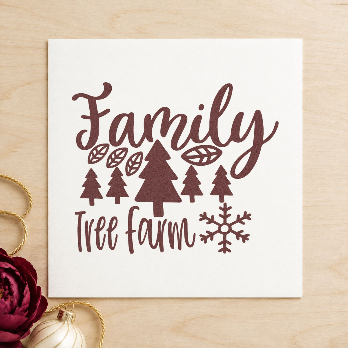Family Tree Farm Winter rubber stamp printed in brown ink, ready for season total sheet and similar paper crafts.