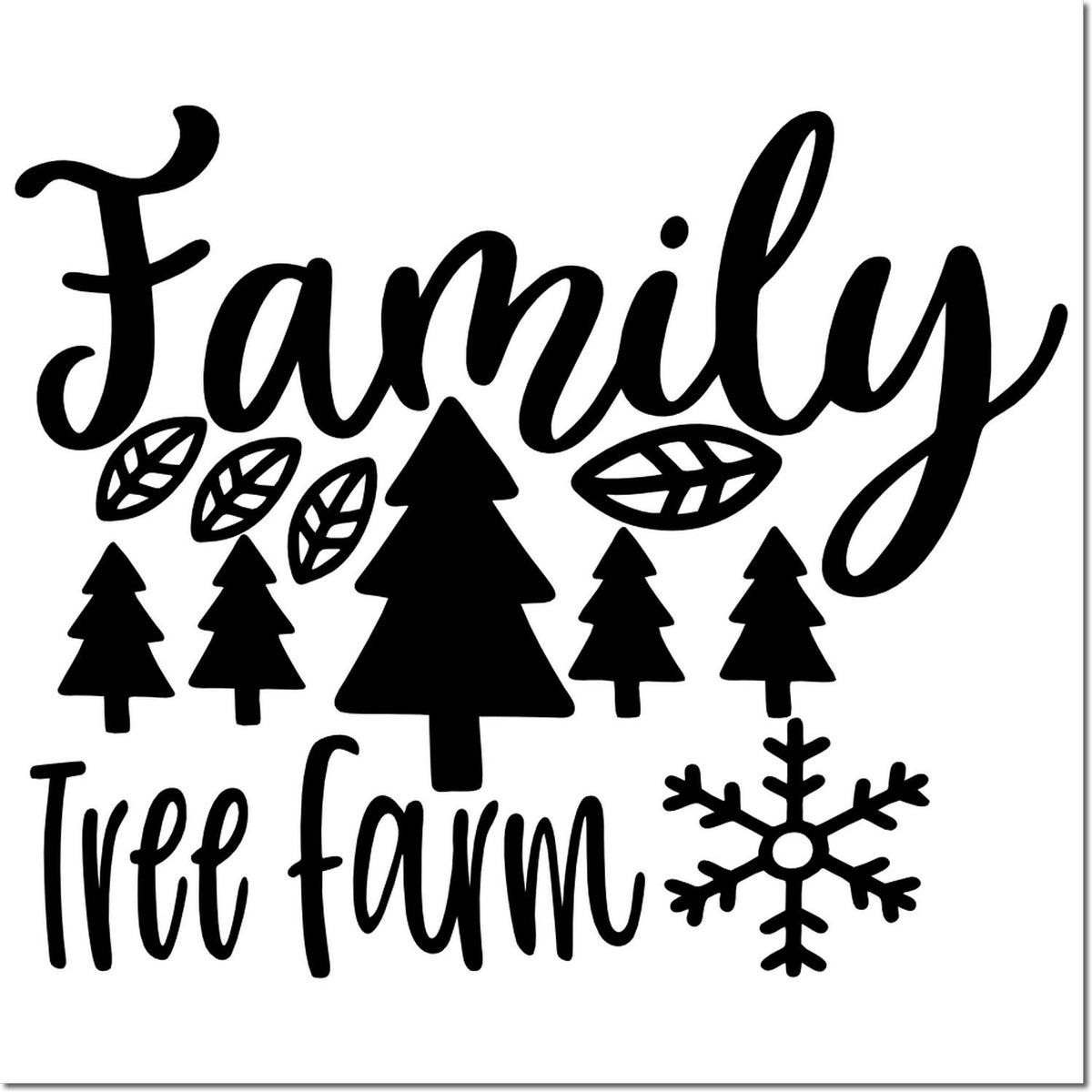 Black family tree farm stamp and seal with pine trees, leaf accents, and a snowflake on a white background