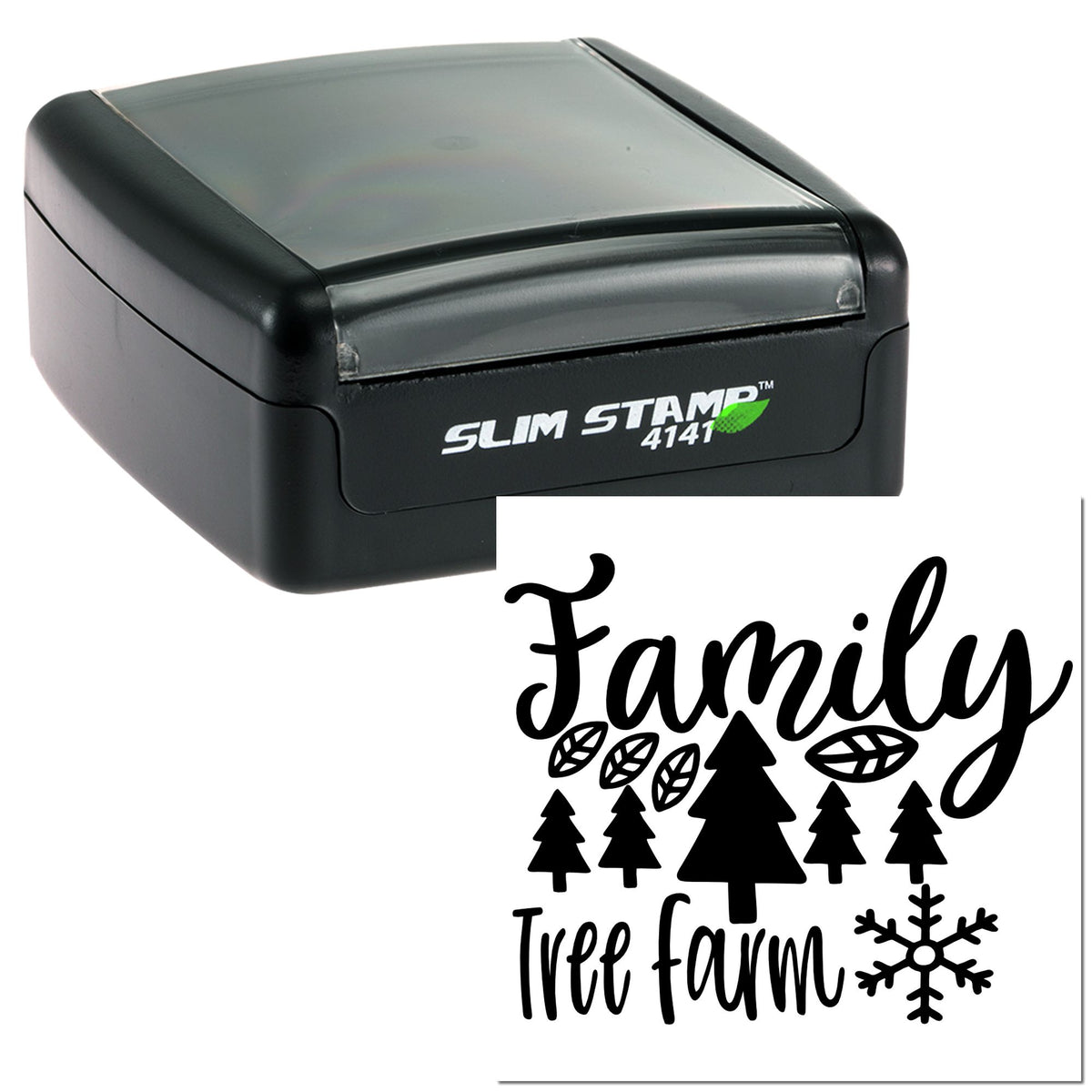 Black slim self-inking stamp and custom seal with Family Tree Farm design in black on white background.