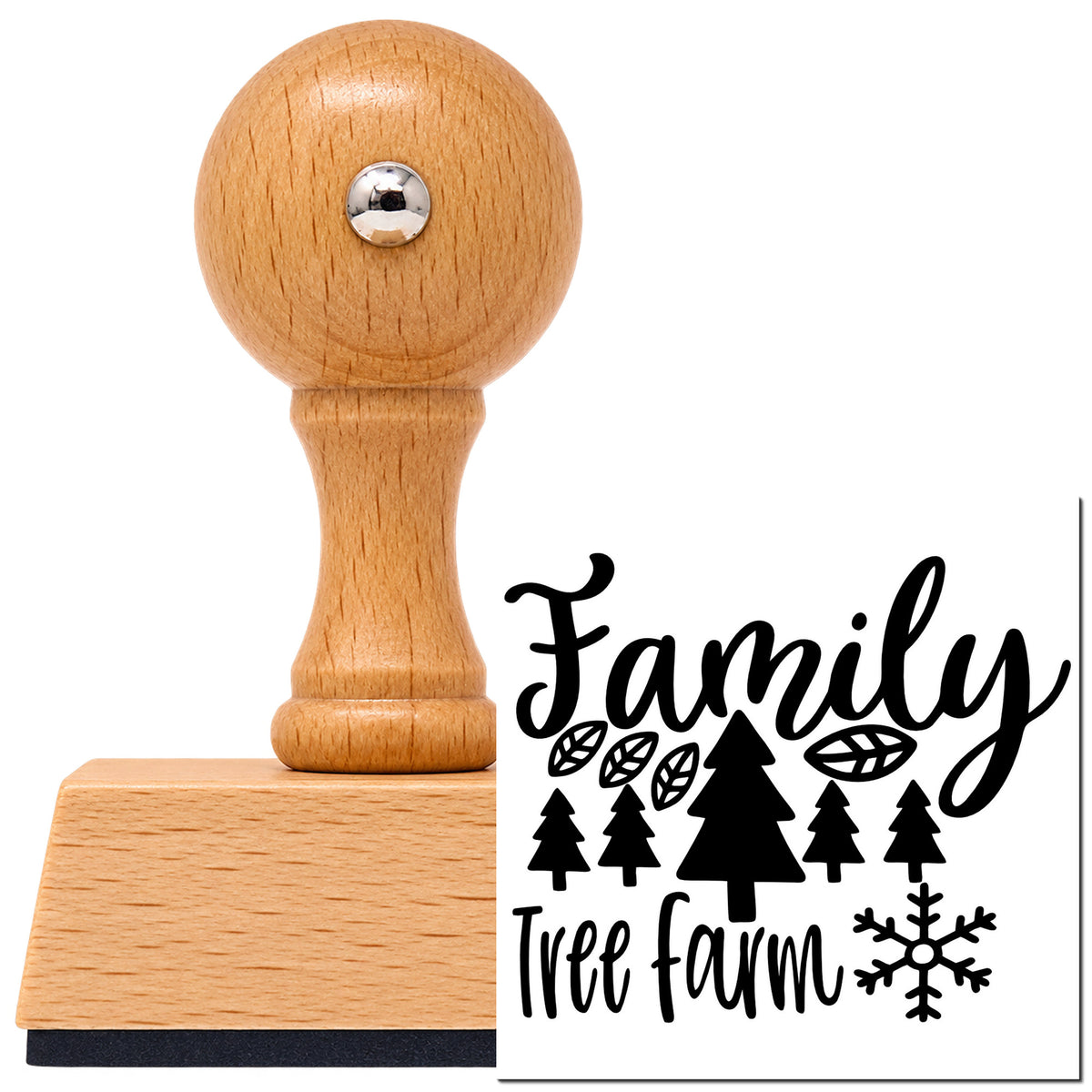 Vintage Pro beech wood stamp with a round knob handle, shown with its black Family Tree Farm Winter imprint on white.